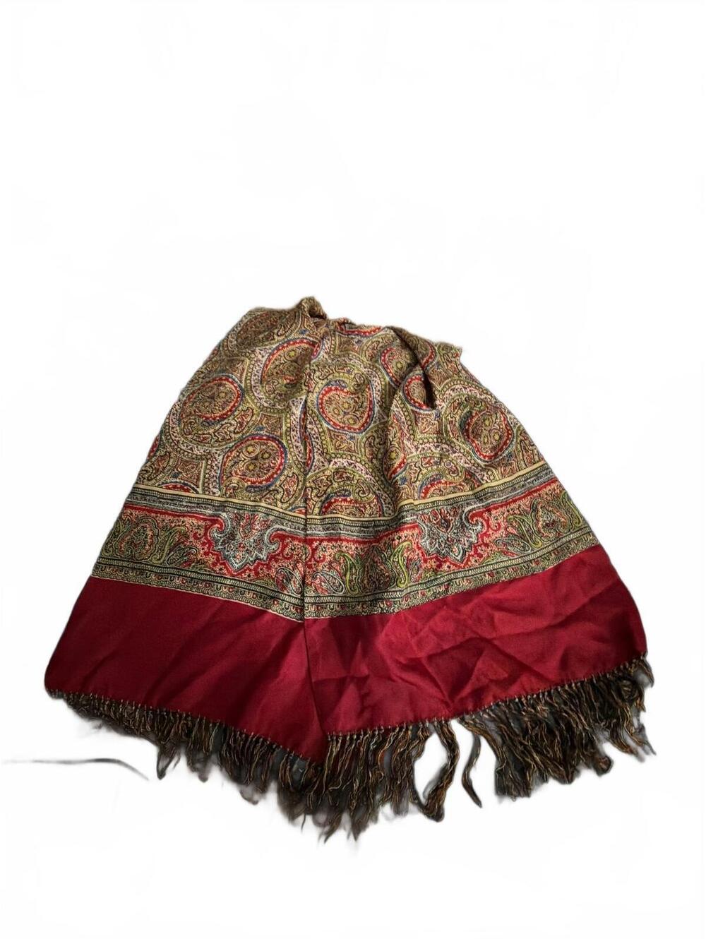 Vintage Double sided Paisley Patterned Shawl with Fringe in Red and Multicolor
